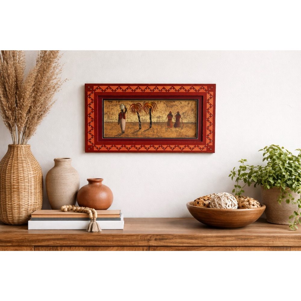 Unbranded Red Orange Framed Tribal Folk Art Decor